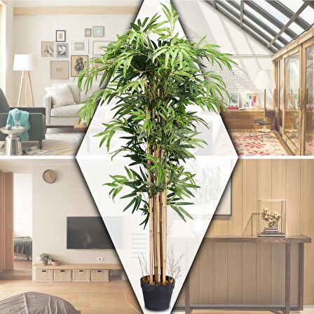 Yapay Bambu Ağacı Ekstra Doğal Görünüm Siyah Saksılı 6 dallı 200cm