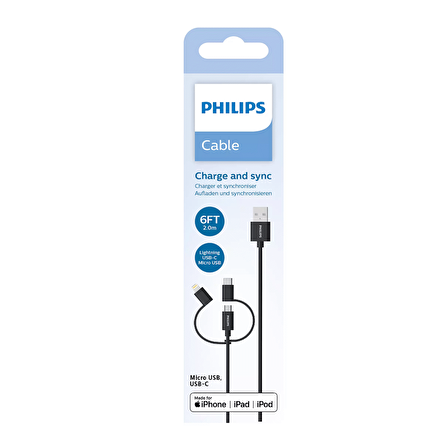 Philips MFİ Apple Lisanslı DLC3106T 3in1 Micro Usb-Lightining-Type-C Şarj ve Data Kablosu 2m Siyah