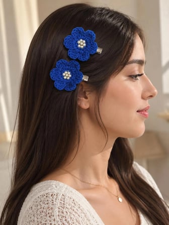 El Yapımı Mavi Çiçekli Saç Tokası 2'li Set