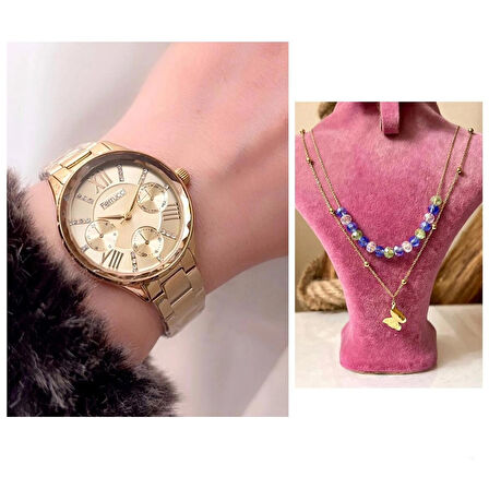 Ferrucci Gold Çelik Kristal Efektli Kasa Kadın Kol Saat+%100 Çelik Kolye Hediye