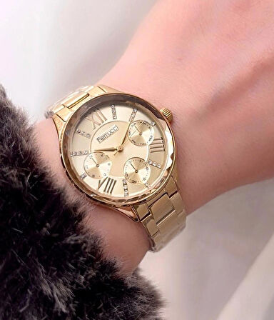 Ferrucci Gold Çelik Kristal Efektli Kasa Kadın Kol Saat+%100 Çelik Kolye Hediye