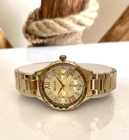 Ferrucci Gold Çelik Kristal Efektli Kasa Kadın Kol Saat+%100 Çelik Kolye Hediye