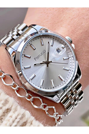 Ferrucci Çelik Takvimli Şık Model Kadın Kol Saat+Bileklik Hediyeli