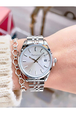 Ferrucci Çelik Takvimli Şık Model Kadın Kol Saat+Bileklik Hediyeli