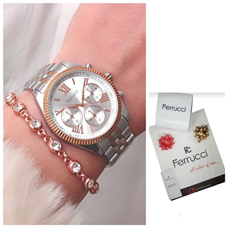 Ferrucci Gümüş&Rose Roma Rakamlı Çelik Kadın Kol Saat+Bileklik