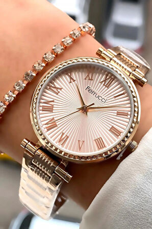 Ferrucci RoseGold Renk Çelik Sade Şık Kadın Kol Saat+Bileklik Hediye