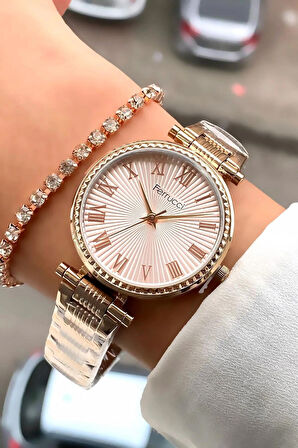 Ferrucci RoseGold Renk Çelik Sade Şık Kadın Kol Saat+Bileklik Hediye