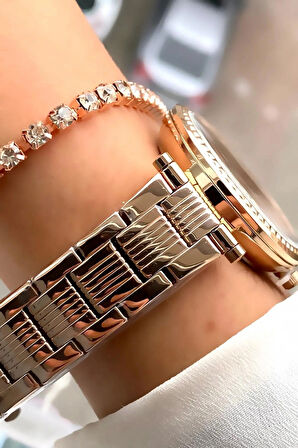 Ferrucci RoseGold Renk Çelik Sade Şık Kadın Kol Saat+Bileklik Hediye