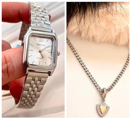 Ferrucci Milano Minimal Kare Kadran Çelik Kadın Kol Saati+Çelik Kolye Hediyeli