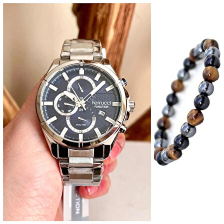 Ferrucci Silver Renk Fonksiyonlu&Takvimli Çelik Erkek Kol Saat+Bileklik Hediyeli