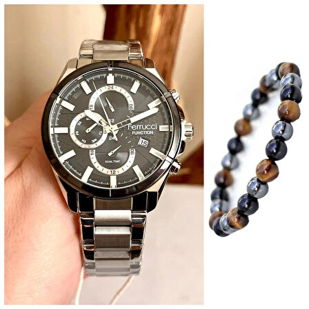 Ferrucci Silver Renk Fonksiyonlu&Takvimli Çelik Erkek Kol Saat+Bileklik Hediyeli