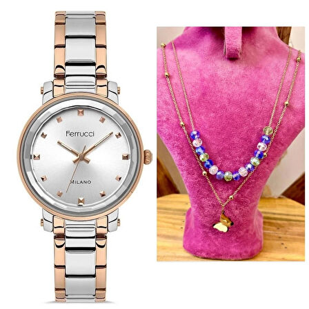 Ferrucci Sade Şık Model Çelik Kadın Kol Saati+Çelik Kolye Hediye