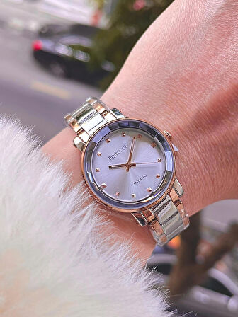 Ferrucci Sade Şık Model Çelik Kadın Kol Saati+Çelik Kolye Hediye