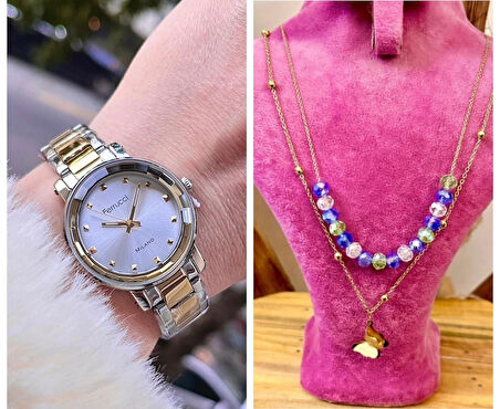 Ferrucci Sade Şık Model Çelik Kadın Kol Saati+Çelik Kolye Hediye