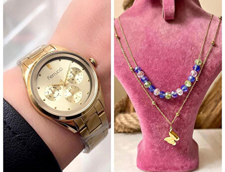 Ferrucci Gold Renk Çelik Kadın Kol Saati+%100 Çelik Kolye Hediyeli