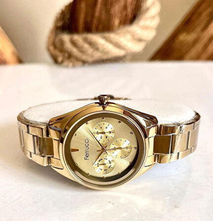 Ferrucci Gold Renk Çelik Kadın Kol Saati+%100 Çelik Kolye Hediyeli