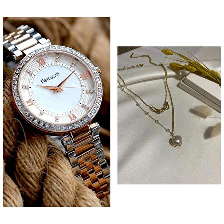 Ferrucci Rose Gümüş Çelik Kasa Kordon-Kadın Kol Saati+%100 Çelik Kolye Hediye