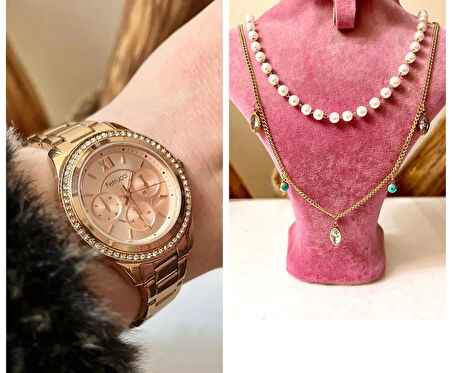 Ferrucci Taşlı Kasa Rose Çelik Kadın Kol Saati+%100 Çelik Kolye Hediye
