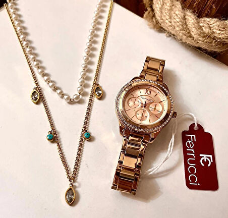 Ferrucci Taşlı Kasa Rose Çelik Kadın Kol Saati+%100 Çelik Kolye Hediye
