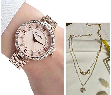Ferrucci RoseGold Çelik Kasa Kordon-Kadın Kol Saati+%100 Çelik Kolye Hediye