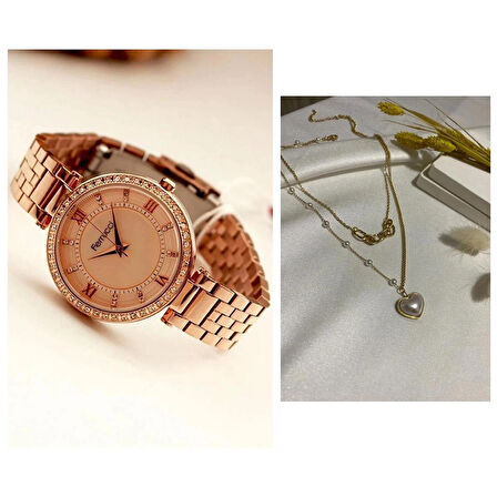 Ferrucci RoseGold Çelik Kasa Kordon-Kadın Kol Saati+%100 Çelik Kolye Hediye