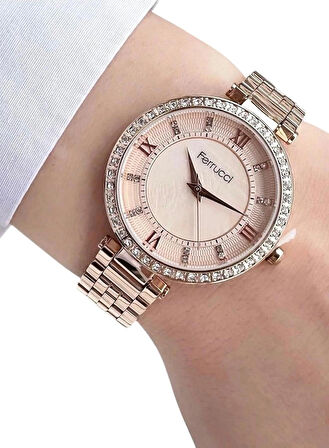 Ferrucci RoseGold Çelik Kasa Kordon-Kadın Kol Saati+%100 Çelik Kolye Hediye