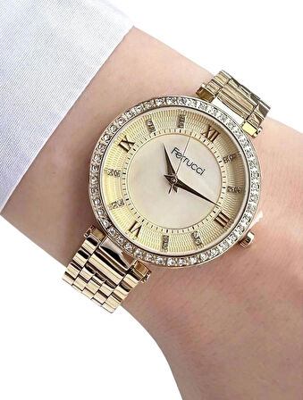 Ferrucci Gold Çelik Kasa Kordon-Kadın Kol Saati+%100 Çelik Kolye Hediye