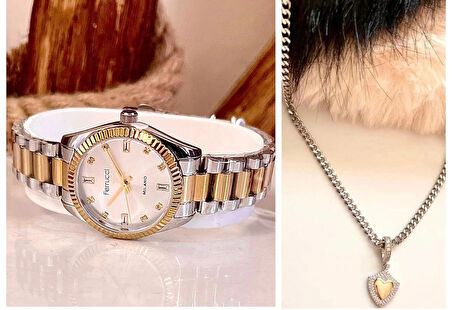 Ferrucci Yeni Sezon Çelik Şık Kadın Kol Saati+Çelik Kolye Hediye