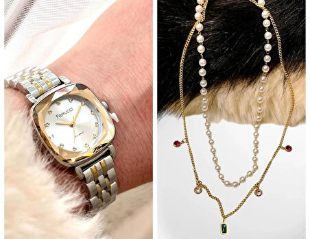 Ferrucci Kare Kadran Retro Model Kadın Kol Saati+Çelik Kolye Hediye