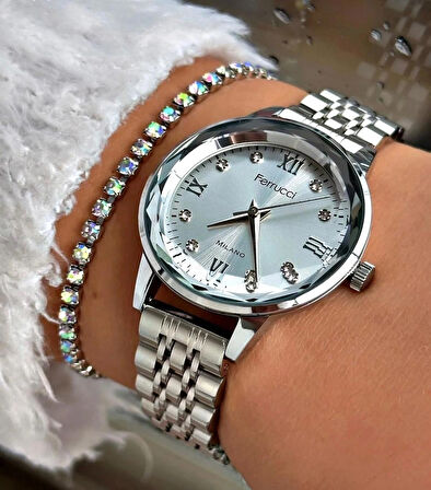 Ferrucci Kristal Efektli Şık Kadran Kadın Kol Saati+Bileklik Hediyeli