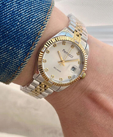 Ferrucci Takvimli Çelik Kadın Kol Saati+Bileklik Hediyeli