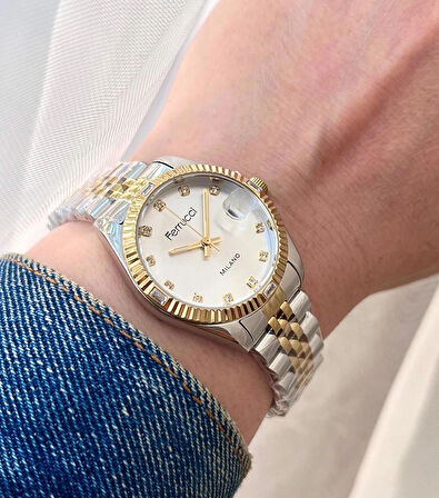 Ferrucci Takvimli Çelik Kadın Kol Saati+Bileklik Hediyeli