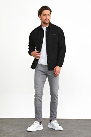 Erkek Çıtçıt Detaylı Slim Fit Sweatshirt Dış Gömlek Siyah