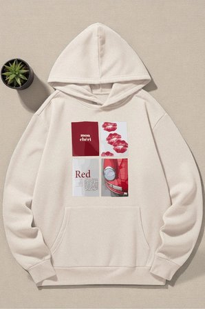 Unisex Red Mon Cheri Baskılı kapüşonlu Sweatshirt