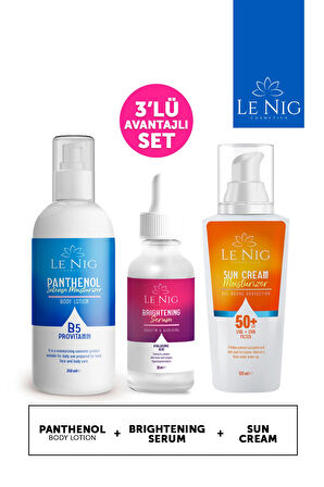 Le NIG 3lü Set: Güneş Kremi 50+SPF + Panthenol Vücut Losyonu + Aydınlatıcı Serum