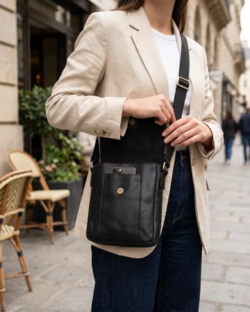 Unisex Hakiki Deri Siyah Postacı Çantası Ayarlanabilir Askılı Çapraz Çanta 24x21 cm