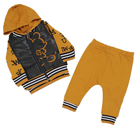 Erkek Bebek Füme Sarı Şişme Yelekli Harf Baskılı Badili 3'lü Takım