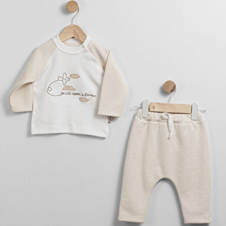 Erkek Bebek Ekru Bej Uçak Desenli 2'li Takım