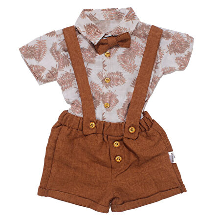 Erkek Bebek Kiremit Yaprak Desenli Papyonlu Gömlekli Salopet Takım