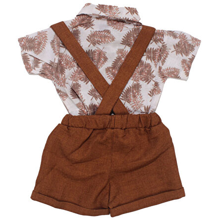 Erkek Bebek Kiremit Yaprak Desenli Papyonlu Gömlekli Salopet Takım