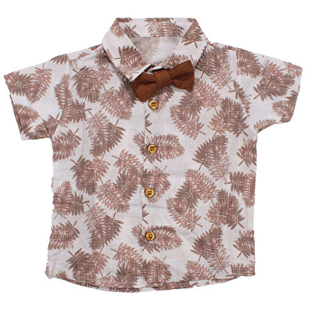 Erkek Bebek Kiremit Yaprak Desenli Papyonlu Gömlekli Salopet Takım