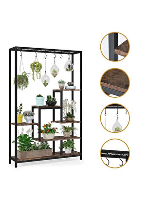 6 Katlı Ceviz-Siyah Metal Saksılık Çiçeklik Saksı Standı