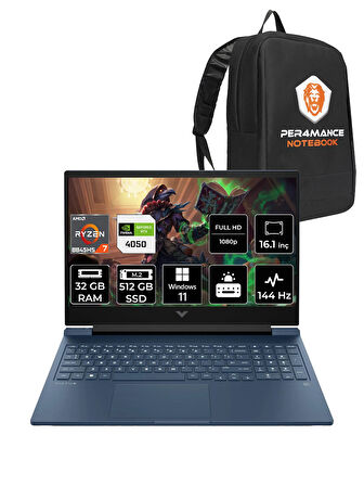 HP Victus 16 R7 8845HS 32GB DDR5 512GB SSD RTX4050/6GB 144Hz 16.1'' W11P Gaming Laptop & PER4 ÇANTA