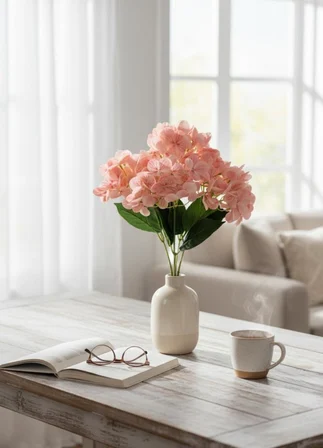 Yapay Çiçek Islak Ortanca Çiçeği Pudra Desenli Model 45cm 5Dal Islak Gerçeksi Dokulu