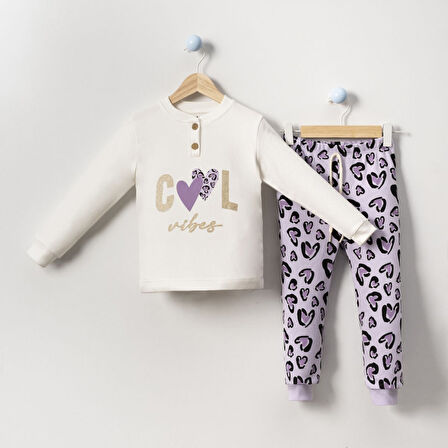 Kız Çocuk Ekru Mor Cool Kalp Baskılı 2'li Pijama Takımı