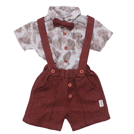 Erkek Bebek Bordo Yaprak Desenli Papyonlu Gömlekli Salopet Takım