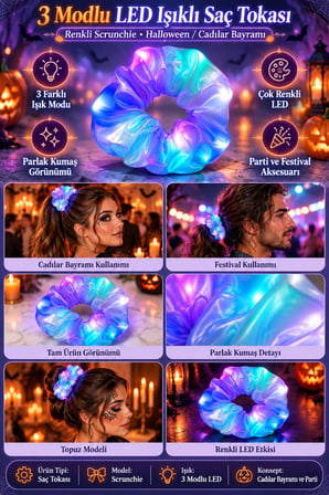 LED Işıklı Saç Tokası Scrunchie 3 Modlu Halloween Cadılar Bayramı Mor Mavi Parti ve Festival