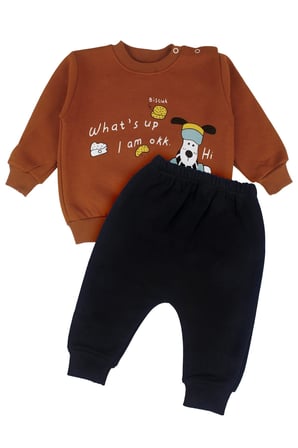 Erkek Bebek Kiremit Köpek Baskılı Sweatshirlı 2'li Takım
