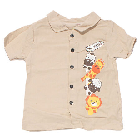 Erkek Bebek Bej Hayvanlı Desenli Müslin Gömlekli 2'li Takım
