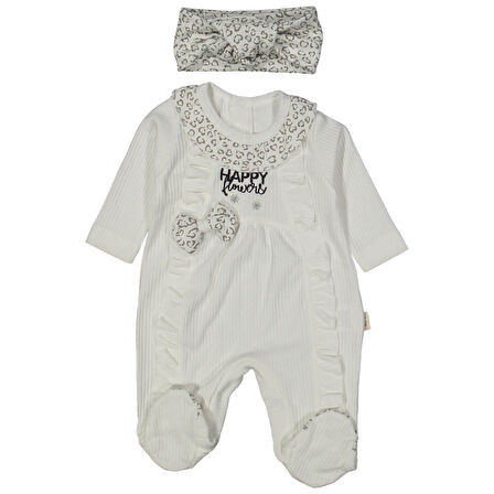 Kız Bebek Ekru Kalp Desenli Happy Yazılı Fiyonklu Bandanalı Tulum